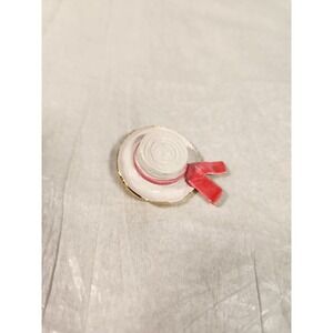 Vintage Original by Robert Enamel Straw Hat Brooch White‎ Pink Ribbon Signed